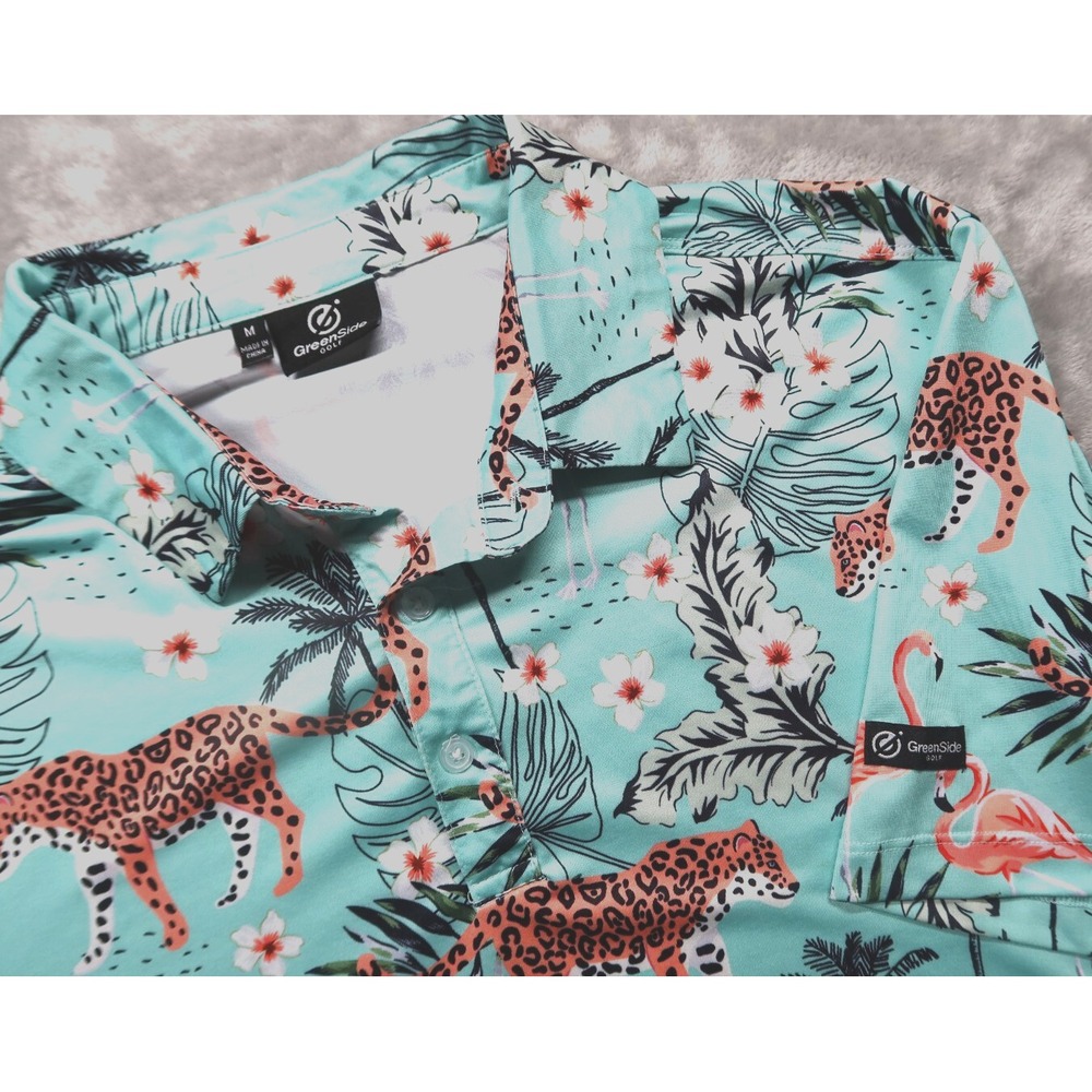 Greenside Golf Polo Shirt Size Men's M Leopard Flamingo‎ Hawaiian Cruise Safari